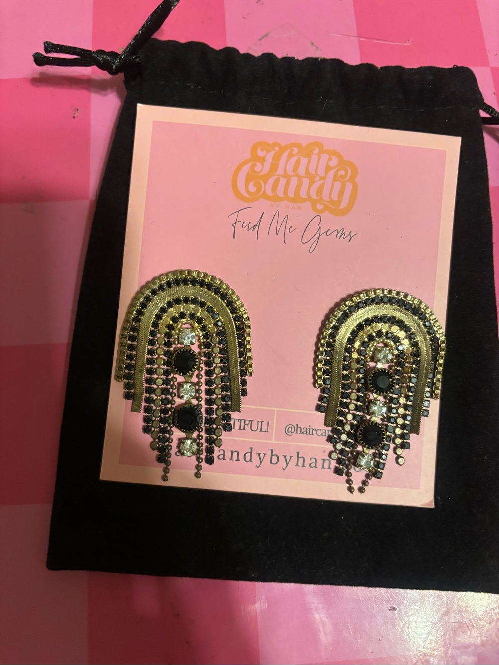 Hair Candy Black and Gold Draped Arch Earrings